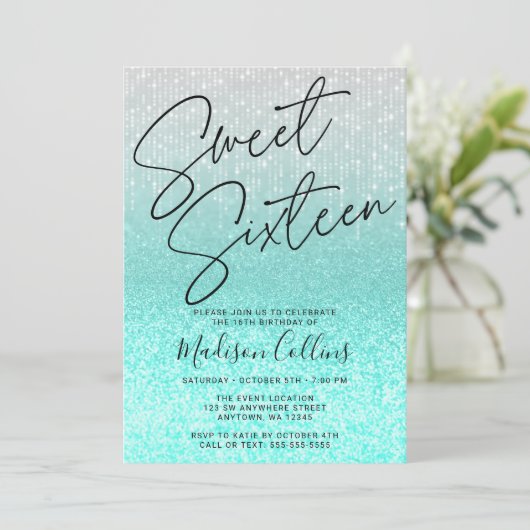 Chic Aqua Silver Glitter Sweet 16 Kaart (Staand voorkant)