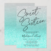 Chic Aqua Silver Glitter Sweet 16 Kaart (Voorkant / Achterkant)