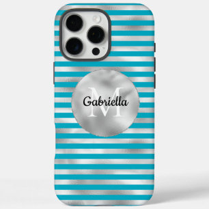 Chic Aqua Silver Stripes Monogram iPhone 16 Pro Max Hoesje