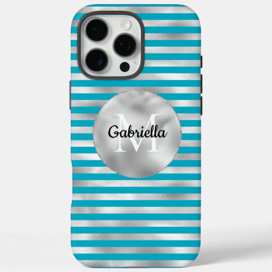Chic Aqua Silver Stripes Monogram Case-Mate iPhone Case (Achterkant)