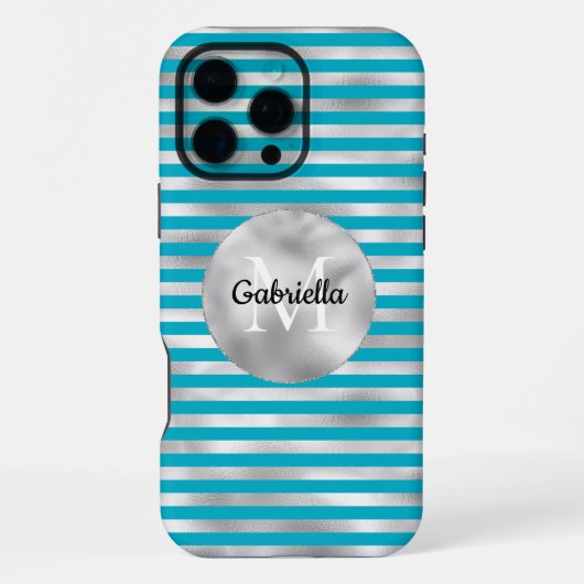 Chic Aqua Silver Stripes Monogram iPhone Hoesje (Achterkant)