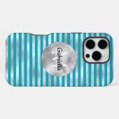 Chic Aqua Silver Stripes Monogram iPhone Hoesje (Achterkant horizontaal)