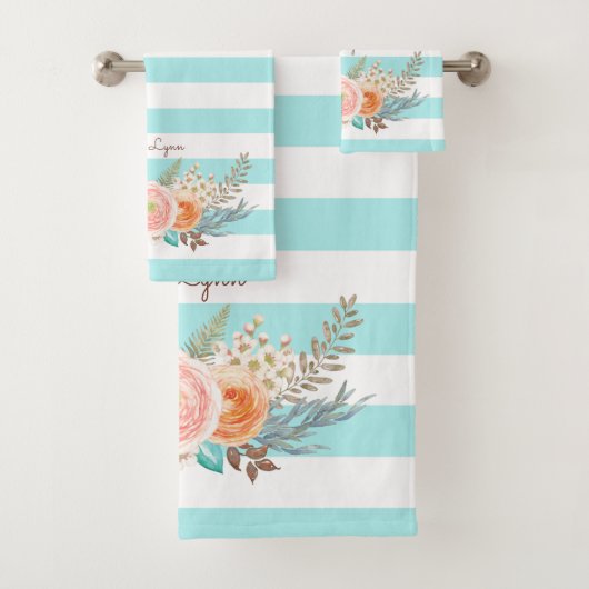 Chic Aqua Stripes Feminine Floral and Name Bad Handdoek (Insitu)
