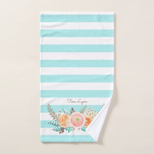 Chic Aqua Stripes Feminine Floral and Name Bad Handdoek (Handdoek)