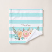 Chic Aqua Stripes Feminine Floral and Name Bad Handdoek (Wasdoekje)