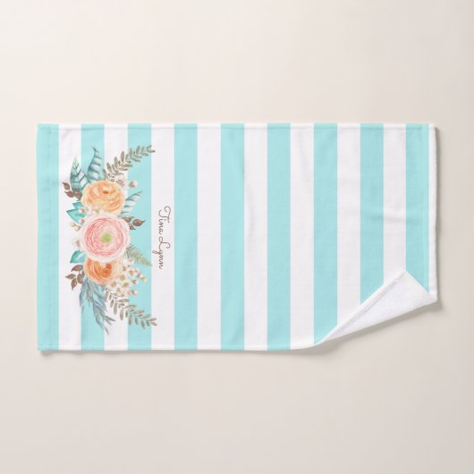 Chic Aqua Stripes Feminine Floral and Name Bad Handdoek (Handdoek)