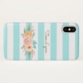 Chic Aqua Stripes Feminine Floral and Name Case-Mate iPhone Case (Achterkant (horizontaal))