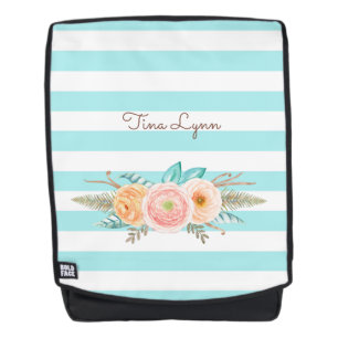 Chic Aqua Stripes Feminine Floral and Name Rugtassen