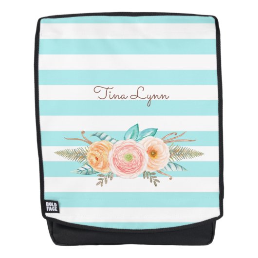 Chic Aqua Stripes Feminine Floral and Name Rugtassen (Voorkant)