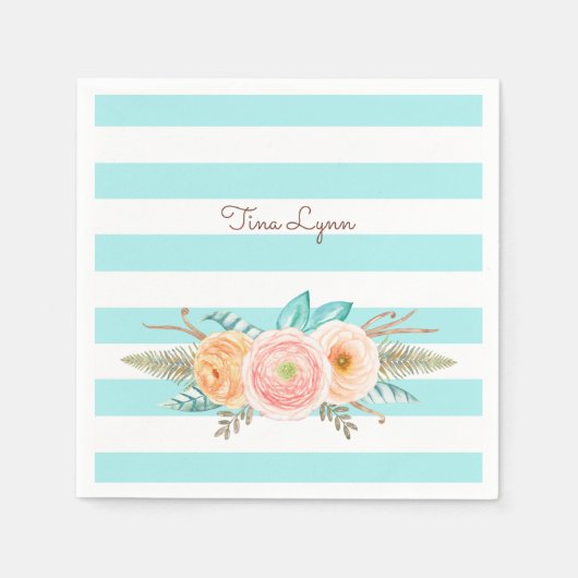 Chic Aqua Stripes Feminine Floral and Name Servet (Voorkant)