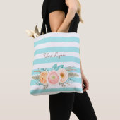 Chic Aqua Stripes Feminine Floral and Name Tote Bag (Dichtbij)