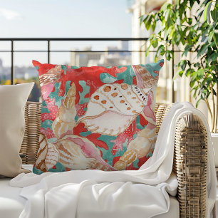 Chic Aqua Turquoise Coral Red Seashells Patroon Buitenkussen