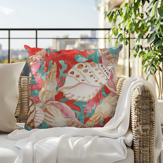 Chic Aqua Turquoise Coral Red Seashells Patroon Buitenkussen (Creator heeft geüpload)