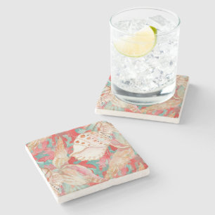 Chic Aqua Turquoise Coral Red Seashells Patroon Stenen Onderzetter