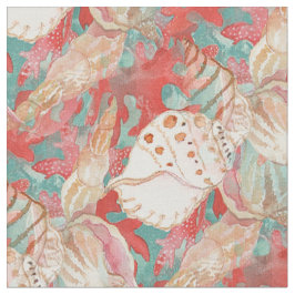 Chic Aqua Turquoise Coral Red Seashells Patroon Stof