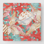 Chic Aqua Turquoise Coral Red Seashells Patroon Vierkante Klok (Voorkant)