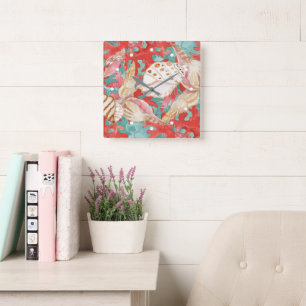 Chic Aqua Turquoise Coral Red Seashells Patroon Vierkante Klok