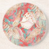 Chic Aqua Turquoise Coral Red Seashells Patroon Zandsteen Onderzetter (Voorkant)