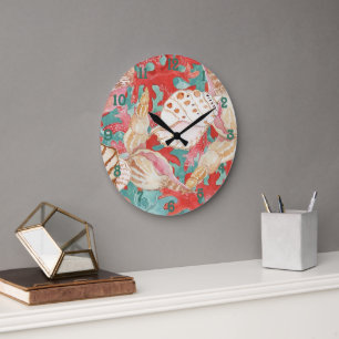 Chic Aqua Turquoise Koraal Rood Schelpen Patroon Grote Klok
