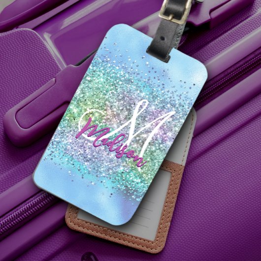 Chic aqua Unicorn Glitter sparkles monogram Bagagelabel