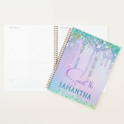 Chic aqua Unicorn Glitter verjaardagsmonogram Planner (Display)
