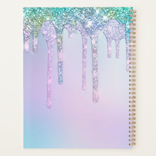 Chic aqua Unicorn Glitter verjaardagsmonogram Planner (Achterkant)