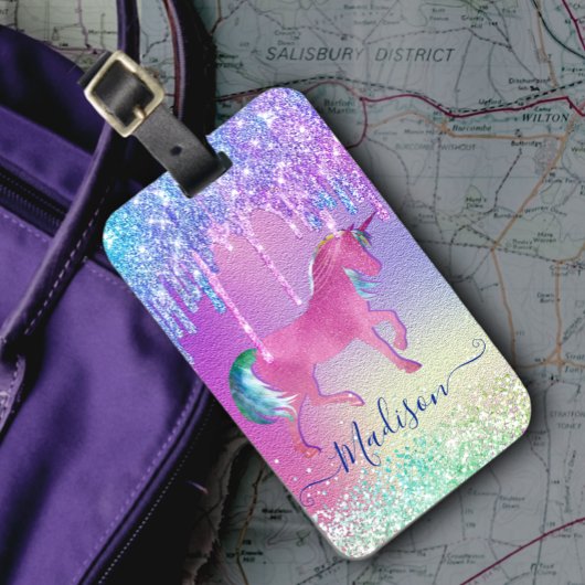 Chic aqua Unicorn regenboogschijven monogram Bagagelabel