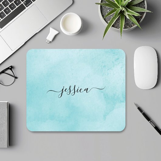 Chic Aqua Waterverf Kalligrafie Script Muismat