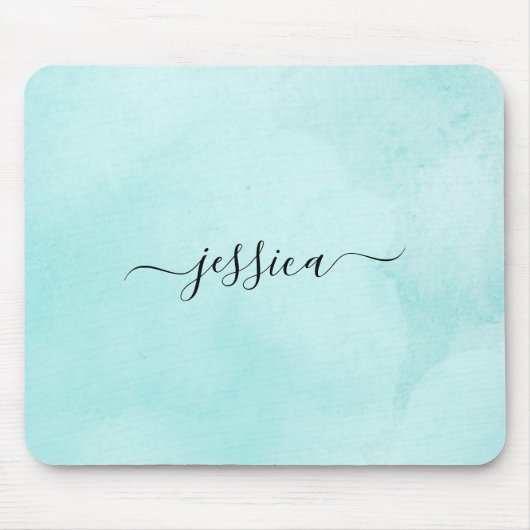 Chic Aqua Waterverf Kalligrafie Script Muismat (Voorkant)