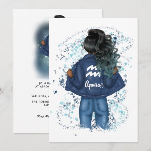 Chic Aquarius Zodiac Sign Denim Verjaardagsfeest Kaart (Voorkant / Achterkant)
