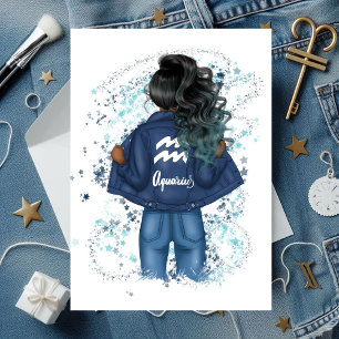 Chic Aquarius Zodiac Sign Denim Verjaardagsfeest Kaart