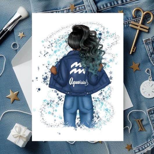 Chic Aquarius Zodiac Sign Denim Verjaardagsfeest Kaart