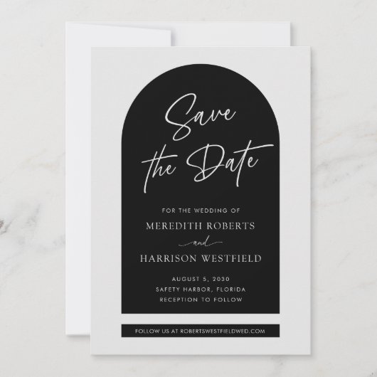 Chic Arch Lijst Modern Script Zwart Bruiloft Save The Date (Voorkant)