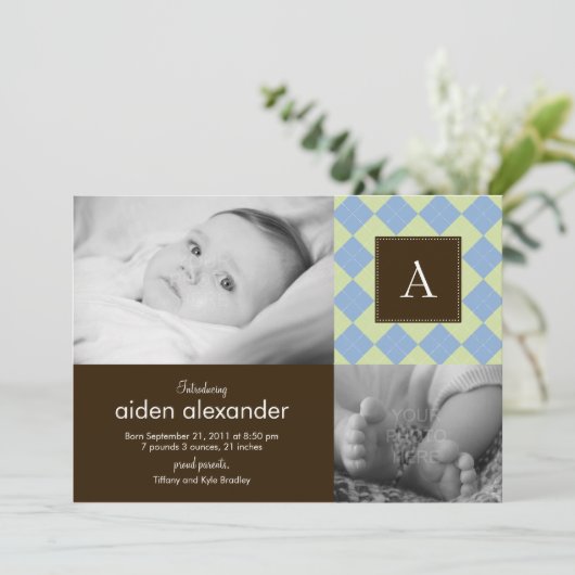 Chic Argyle Baby Boy Geboorteaankondiging Aankondiging (Staand voorkant)