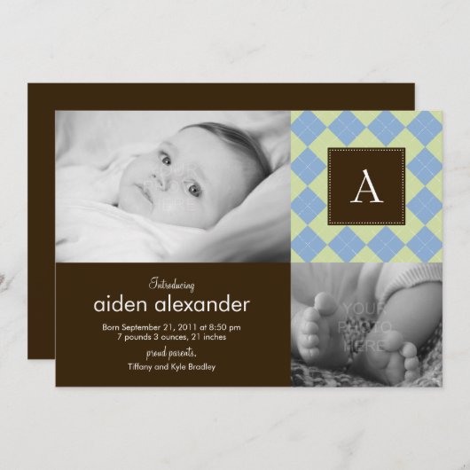 Chic Argyle Baby Boy Geboorteaankondiging Aankondiging (Voorkant / Achterkant)