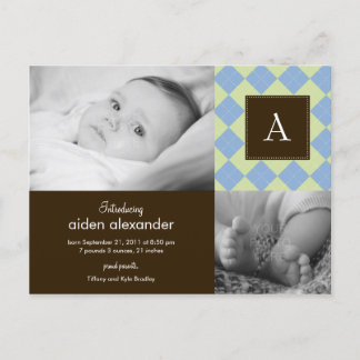 Chic Argyle Baby Boy Geboorteaankondiging Aankondigingskaart