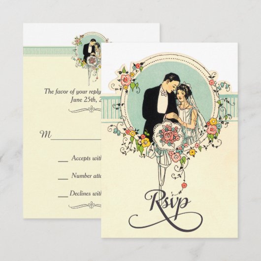 Chic Art Deco 1920: Bride & Groom Wedding Rsvp (Voorkant / Achterkant)