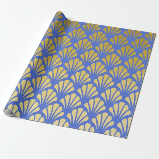 Chic Art Deco Fan Pattern Azure & Faux Gold Foil Cadeaupapier (Uitgerold)