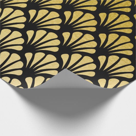 Chic Art Deco Fan Pattern Black & Faux Gold Foil Cadeaupapier (Hoek)