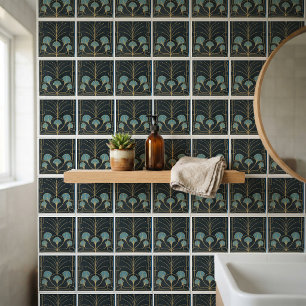 Chic art-deco fontein tegel met turquoise palmen tegeltje