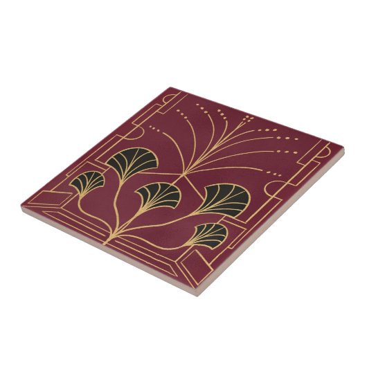 Chic Art deco kersenrode fontein tegel palmen Tegeltje (Zijkant)