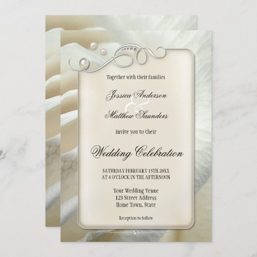 Chic Artistic Silver Ivory Roos Weddenschap Kaart (Voorkant / Achterkant)