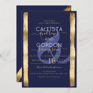 Chic Artsy Navy Gold Brushstroke Lijst Wedding Kaart