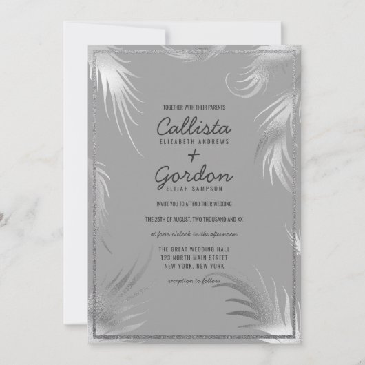 Chic Artsy Zilver Grijs Blad Glitter Border Weddin Kaart (Voorkant)