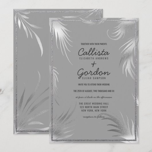 Chic Artsy Zilver Grijs Blad Glitter Border Weddin Kaart (Voorkant / Achterkant)