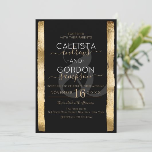 Chic Artsy Zwart Goud Brushstroke Lijst Wedding Kaart (Staand voorkant)