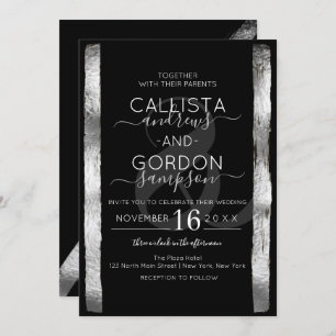 Chic Artsy Zwart Zilveren Brushstroke Lijst Weddin Kaart