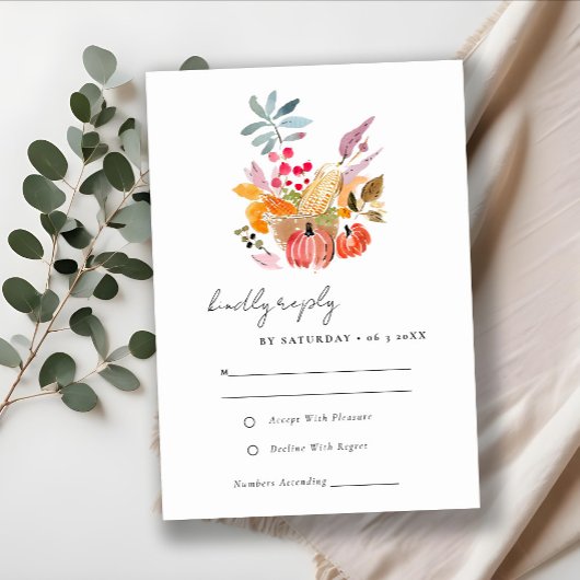 Chic Autumn Harvest Pumpkin Watercolor Wedding RSVP Kaartje