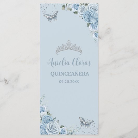 Chic Baby Blauw Bloemen Vlinders Quinceañera Menu (Achterkant)