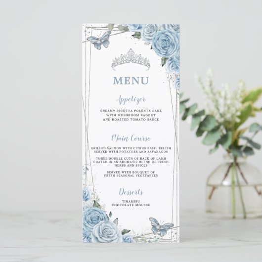 Chic Baby Blauw Bloemen Vlinders Quinceañera Menu (Staand voorkant)